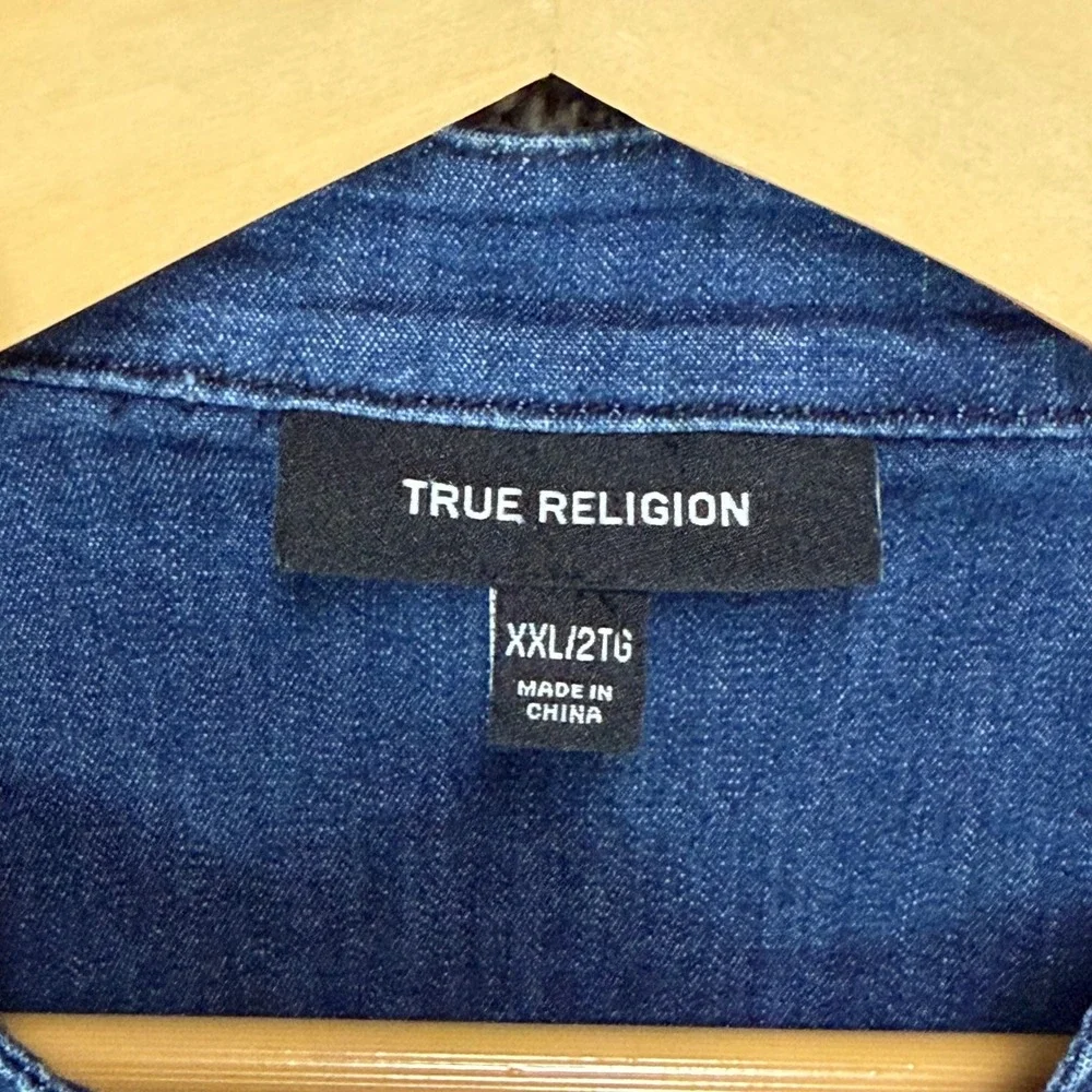 True Religion Denim Shirt Mens 2XL Blue Western Band Collar Pockets Long Sleeve